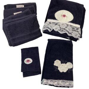 Vintage 90s Bath Towel Set Black Floral Lace Hand Fingertip Washcloth 80s USA